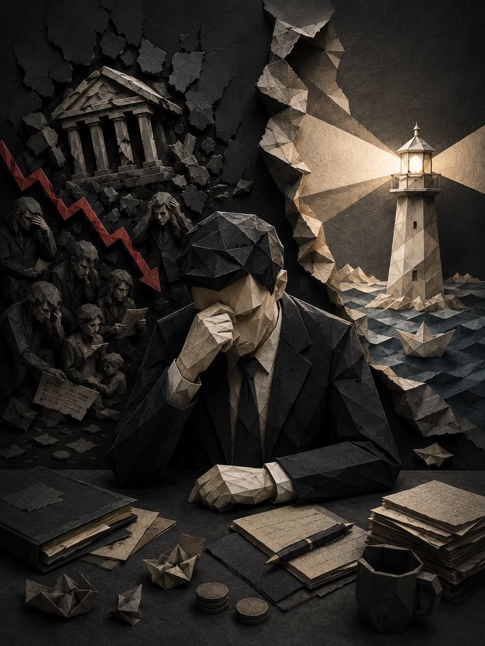 A paper-craft scene: a banker with his head in his hand at a desk, a falling market behind him, a lighthouse lit on the other side.